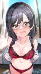  1girl black_hair blush bra braid breasts glasses grey-framed_eyewear grey_eyes highres indoors long_hair love_live! medium_breasts nakagawa_nana navel panties red_bra red_panties semi-rimless_eyewear shiitake_taishi solo standing twin_braids twintails under-rim_eyewear underwear 