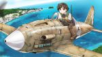  aircraft airplane boots braid brown_eyes brown_hair flying forest gloves goggles highres mc.202_folgore nature ocean original pantyhose propeller smile tokihama_jirou world_war_ii 