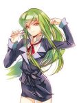  1girl c.c. code_geass formal glasses glasses_removed green_hair long_hair long_sleeves looking_at_viewer meimi_k simple_background skirt skirt_suit smile solo suit white_background yellow_eyes 