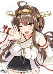  1girl ;d artist_name blush breasts brown_hair detached_sleeves double_bun headgear kantai_collection kojima_saya kongou_(kantai_collection) large_breasts long_hair looking_at_viewer nontraditional_miko one_eye_closed open_mouth remodel_(kantai_collection) signature smile solo violet_eyes 