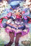  1girl age_of_ishtaria blue_eyes bow company_name copyright_name dark_skin full_body fur_trim gloves grass hair_between_eyes hat highres ice kanola_u leaf long_hair official_art open_mouth panties scarf shalgiel sky snow snowflakes solo teeth tree underwear wand white_hair 