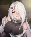  1girl bare_shoulders bear_hair_ornament blush breast_hold breasts cleavage erect_nipples eyebrows eyebrows_visible_through_hair girls_frontline hair_ornament hair_over_one_eye highres large_breasts long_hair looking_at_viewer pk_(girls_frontline) pov red_eyes scarf silver_hair smile very_long_hair zuo_wei_er 