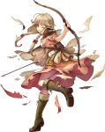  1girl apron arrow bangs boots bow_(weapon) bracelet braid brown_eyes brown_hair capelet dress faye_(fire_emblem) fire_emblem fire_emblem_echoes:_mou_hitori_no_eiyuuou fire_emblem_heroes full_body highres jewelry knee_boots konfuzikokon long_hair official_art one_eye_closed quiver short_sleeves solo torn_clothes transparent_background twin_braids weapon 