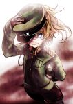  1girl absurdres adjusting_clothes adjusting_hat arm_behind_back blonde_hair blue_eyes closed_mouth commentary_request epaulettes hand_on_headwear hat highres iron_cross long_sleeves looking_at_viewer military military_hat military_uniform one_eye_covered shirosaki_rio short_hair solo standing tanya_degurechaff uniform youjo_senki 