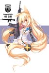  1girl animal_ears artist_name assault_rifle bangs blonde_hair blue_eyes blush camisole character_name eyebrows_visible_through_hair fatkewell floating_hair g41_(girls_frontline) girls_frontline gun h&amp;k_g41 hair_between_eyes heterochromia holding holding_gun holding_weapon long_hair looking_at_viewer mechanical_arm navel parted_lips red_eyes rifle signature solo upper_body very_long_hair weapon 