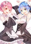  2girls armpits black_dress blue_eyes blue_hair blush commentary cowboy_shot detached_sleeves dress eyes_visible_through_hair frilled_sleeves frills hair_ornament hair_over_one_eye hair_ribbon looking_at_viewer maid maid_headdress multiple_girls open_mouth pink_ribbon rak_(kuraga) ram_(re:zero) re:zero_kara_hajimeru_isekai_seikatsu red_ribbon rem_(re:zero) ribbon ribbon-trimmed_clothes ribbon_trim short_hair siblings sisters thigh-highs twins underbust white_legwear x_hair_ornament 