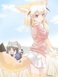  2girls :d animal_ears artist_name blonde_hair blue_sky blush bow bowtie breasts brown_eyes chibi climbing closed_mouth clouds day eyebrows_visible_through_hair fang fennec_(kemono_friends) fox_ears fox_tail gloves gradient_hair grass grey_hair half-closed_eyes happy kemono_friends kotanuki_(kotanukiya) lips looking_at_viewer multicolored_hair multiple_girls open_mouth pink_lips pink_sweater raccoon raccoon_(kemono_friends) raccoon_ears raccoon_tail short_hair sky smile sweater sweater_vest tail thigh-highs two-tone_hair zettai_ryouiki 