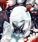  1girl clenched_hand covered_mouth floating_fortress_(kantai_collection) glaring glowing glowing_eyes hand_up high_collar kantai_collection long_hair looking_at_viewer mechanical_parts midway_hime pale_skin red_eyes shinkaisei-kan solo teeth tongue upper_body white_hair yamashita_tomu 