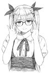  1girl bespectacled dead_or_alive glasses hair_ribbon highres long_hair marie_rose monochrome ribbon smile solo traditional_media twintails upper_body yug 