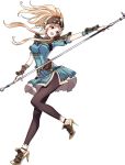  1girl arm_guards armor artist_request bangs blonde_hair breasts bridal_gauntlets brown_eyes clair_(fire_emblem) dress fire_emblem fire_emblem_echoes:_mou_hitori_no_eiyuuou fire_emblem_gaiden fire_emblem_heroes full_body helmet high_heels highres holding holding_weapon leggings long_hair looking_away medium_breasts official_art open_mouth polearm ponytail shoes short_dress shoulder_armor spear weapon 