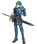  1boy alm_(fire_emblem) arai_teruko armor armored_boots boots fire_emblem fire_emblem_echoes:_mou_hitori_no_eiyuuou fire_emblem_heroes full_body gloves green_eyes green_hair headband highres male_focus official_art simple_background solo sword weapon white_background 
