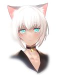  1girl animal_ears aqua_eyes bangs bell bell_collar bloom blush cat_ears cat_girl collar collarbone hair_between_eyes looking_at_viewer original parted_lips reflective_eyes short_hair simple_background solo tsukimoto_aoi white_background white_hair 
