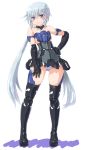  1girl bare_shoulders black_gloves black_legwear blue_eyes blue_hair dd_(ijigendd) detached_collar doll_joints elbow_gloves eyebrows_visible_through_hair frame_arms_girl full_body gloves highres long_hair looking_at_viewer mecha_musume panties shiny shiny_clothes shiny_hair shiny_skin simple_background skirt solo standing striped striped_panties stylet thigh-highs triangle_mouth twintails underwear very_long_hair white_background 