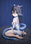  1girl ass bare_legs barefoot black_hair blue_eyes blush commentary_request dragon_girl dragon_horns dragon_tail facial_mark frown hair_between_eyes head_fins horn_ribbon horns kyabe_tsuka long_hair looking_at_viewer original pointy_ears rain ribbon scales sitting soles solo tail toes torn_clothes wariza water_drop wet wet_hair 