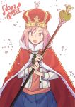  1girl blue_skirt cape copyright_name crown hair_ornament hairclip holding holding_staff koharu_yoshino looking_at_viewer open_mouth pink_eyes pink_hair red_cape red_eyes sakura_quest scepter sen-jou short_hair skirt solo staff standing 