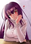  1girl blush breasts chin_rest fate_(series) halterneck hand_on_own_chin heart highres kami_mitsugu_(kamiken) large_breasts long_hair looking_at_viewer purple_hair red_eyes ribbed_sweater scathach_(fate/grand_order) smile solo sweater 