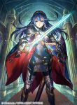  1girl armor armored_boots bangs belt blue_eyes blue_hair boots breastplate cape company_connection copyright_name fire_emblem fire_emblem:_kakusei fire_emblem_cipher fuji_choko gauntlets glowing glowing_weapon hand_on_hip holding holding_weapon indoors jewelry long_hair looking_at_viewer lucina official_art open_mouth pauldrons shield solo sword thigh-highs tiara weapon 