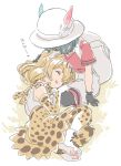  2girls animal_ears backpack bag commentary commentary_request hat kaban_(kemono_friends) kemono_friends mitsumoto_jouji multiple_girls serval_(kemono_friends) serval_ears serval_print serval_tail sleeping tail translation_request 