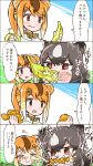  &gt;:t &gt;_&lt; 2girls 4koma :d :t animal_ears banana bear_ears black_border blonde_hair blue_background blush blush_stickers border brown_bear_(kemono_friends) brown_hair circlet closed_eyes comic d: d:&lt; eating eisu_(eith) eyebrows_visible_through_hair eyelashes food food_in_mouth food_on_face fruit golden_snub-nosed_monkey_(kemono_friends) gradient_hair green_background grey_hair hair_between_eyes high_ponytail highres holding holding_food holding_fruit jitome kemono_friends long_hair looking_at_another looking_away looking_to_the_side mandarin_orange monkey_ears motion_lines multicolored multicolored_background multicolored_hair multiple_girls njieith no_nose onomatopoeia open_mouth orange_hair ponytail portrait red_eyes sharp_teeth shiny shiny_hair short_hair simple_background smile speech_bubble tareme teeth translation_request twitter_username two-tone_hair white_background white_hair x) 