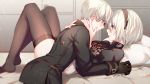  1boy 1girl aki663 bed blue_eyes blush couple feather-trimmed_sleeves gloves leotard looking_at_another lying mole mole_under_mouth nier_(series) nier_automata no_blindfold no_shoes on_back short_hair thigh-highs white_hair yorha_no._2_type_b yorha_no._9_type_s 