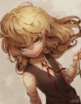  1girl belt blonde_hair blue_eyes chakomaru closed_mouth commentary_request cross cross_necklace holding_necklace jewelry looking_at_viewer looking_up necklace short_hair solo tanya_degurechaff youjo_senki 