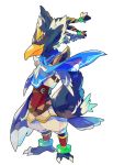  1boy barefoot beak blue_feathers braid claws full_body green_eyes looking_at_viewer male_focus revali rito scarf simple_background solo the_legend_of_zelda the_legend_of_zelda:_breath_of_the_wild white_background 