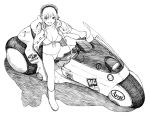  1girl akira boots breasts front-tie_bikini front-tie_top greyscale ground_vehicle headphones jacket large_breasts monochrome motor_vehicle motorcycle navel nitroplus open_mouth shadow sitting sleeves_pushed_up smile solo super_sonico traditional_media yug 