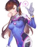  1girl acronym animal_print bangs bodysuit bracer breasts brown_eyes brown_hair bubble_blowing bunny_print chewing_gum clothes_writing cowboy_shot d.va_(overwatch) facepaint facial_mark gloves headphones heart high_collar highres long_hair looking_at_viewer medium_breasts overwatch parted_lips pilot_suit pink_lips ribbed_bodysuit shoulder_pads simple_background skin_tight solo spoken_heart swept_bangs whisker_markings white_background white_gloves xoue 