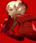  1girl ask_(askzy) blonde_hair blue_eyes bodysuit gloves mask mask_removed persona persona_5 red_background solo takamaki_ann twintails 