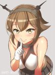  1girl blush breasts brown_eyes brown_hair cleavage eyebrows_visible_through_hair finger_to_mouth grey_background headgear kantai_collection leaning_forward looking_at_viewer maku_ro mutsu_(kantai_collection) short_hair simple_background smile white_background 