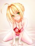  1girl :t ahoge blonde_hair blush bra breasts cleavage eyebrows_visible_through_hair fate/extra fate/grand_order fate_(series) green_eyes large_breasts looking_at_viewer navel panties pouty_lips red_bra red_panties saber_extra seiza short_hair sitting smile solo tape_de_banana underwear 