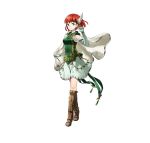  1girl absurdres bangs boots breasts cape elbow_gloves feathers fire_emblem fire_emblem:_rekka_no_ken fire_emblem_heroes full_body gloves green_eyes hair_ornament highres kaya8 knee_boots looking_at_viewer medium_breasts official_art priscilla_(fire_emblem) redhead see-through short_hair simple_background skirt sleeveless smile solo white_gloves 