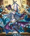  1girl boots braid breasts chains churayuki cleavage clock clock_tower company_name covered_navel facial_mark feathers forehead_mark full_body fur_trim grey_hair gyakushuu_no_fantasica high_heel_boots high_heels long_hair official_art solo sword tower weapon yellow_eyes 