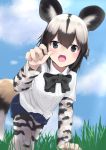  1girl :o african_wild_dog_(kemono_friends) african_wild_dog_ears african_wild_dog_print african_wild_dog_tail animal_ears black_eyes black_ribbon blonde_hair blue_sky blurry blush brown_hair claw_pose clenched_hand clouds cloudy_sky collar collared_shirt crawling day denim denim_shorts depth_of_field eyebrows_visible_through_hair eyelashes fingernails grass hair_between_eyes hand_up joji kemono_friends looking_at_viewer multicolored_hair neck_ribbon open_mouth outdoors pantyhose pantyhose_under_shorts perspective ribbon shiny shiny_skin shirt short_hair short_over_long_sleeves shorts sky solo tail tsurime two-tone_hair white_shirt wing_collar 