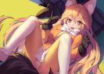  2girls :p animal_ears arms_at_sides black_gloves black_legwear black_shoes black_skirt blonde_hair bow bowtie breasts buttons chunrijun_(springer) commentary_request ezo_red_fox_(kemono_friends) feet fox_ears fox_tail from_above fur-trimmed_sleeves fur_trim gloves hair_between_eyes jacket kemono_friends lap_pillow legs legs_up long_hair long_sleeves lower_body lying medium_breasts miniskirt multicolored multicolored_clothes multicolored_legwear multiple_girls necktie no_shoes on_back orange_jacket out_of_frame panties panties_over_pantyhose pantyhose pleated_skirt seiza shoes silver_fox_(kemono_friends) sitting skirt smile solo_focus tail toe_scrunch tongue tongue_out underwear upskirt very_long_hair white_bow white_bowtie white_panties white_skirt yellow_eyes yellow_necktie 