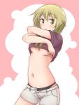  1girl black_panties blonde_hair blush breasts cargo_shorts casual eyebrows_visible_through_hair ichii_yui looking_at_viewer maroon_shirt medium_breasts medium_hair mel_(melty_pot) navel no_bra open_mouth panties shirt_lift shorts solo under_boob underwear yellow_eyes yuyushiki 