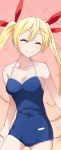 1girl blonde_hair blue_swimsuit bow breasts cleavage closed_eyes collarbone competition_school_swimsuit covered_navel cowboy_shot eyebrows_visible_through_hair hair_bow hair_ribbon kirisaki_chitoge long_hair medium_breasts nisekoi red_ribbon ribbon school_swimsuit smile solo standing swimsuit twintails 