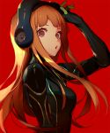  1girl ask_(askzy) bodysuit brown_eyes brown_hair goggles goggles_on_head persona persona_5 red_background sakura_futaba solo 