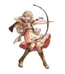  1girl apron arrow blonde_hair boots bow bow_(weapon) bracelet braid brown_eyes capelet faye_(fire_emblem) fire_emblem fire_emblem_echoes:_mou_hitori_no_eiyuuou fire_emblem_heroes full_body highres jewelry konfuzikokon long_hair official_art one_eye_closed open_mouth simple_background solo twin_braids weapon white_background 