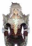  1boy abs armor choker closed_mouth collarbone cowboy_shot dark_skin dark_skinned_male fate/apocrypha fate_(series) hair_between_eyes long_hair looking_at_viewer male_focus muscle pauldrons pectorals platinum_blonde ruchi saber_of_black simple_background solo upper_body white_hair 