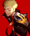  1boy ask_(askzy) blonde_hair brown_eyes gloves mask mask_removed necktie one_eye_closed persona persona_5 popped_collar red_background sakamoto_ryuuji solo 
