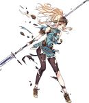  1girl arm_guards armor artist_request bare_shoulders blonde_hair bridal_gauntlets broken broken_armor broken_weapon brown_eyes clair_(fire_emblem) dress fire_emblem fire_emblem_echoes:_mou_hitori_no_eiyuuou fire_emblem_gaiden fire_emblem_heroes full_body hand_on_own_chest helmet highres holding holding_weapon leggings long_hair official_art one_eye_closed pantyhose polearm ponytail shoes short_dress shoulder_armor smile solo spear torn_clothes transparent_background weapon 