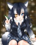 1girl :3 animal_ears black_hair blue_eyes blush breasts fang_out fur_collar grey_wolf_(kemono_friends) heterochromia ichinose_aki kemono_friends long_hair long_sleeves looking_at_viewer medium_breasts multicolored_hair necktie pencil silver_hair sitting skirt solo tail two-tone_hair wolf_ears wolf_tail yellow_eyes 