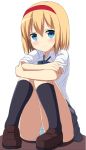  1girl alice_margatroid alternate_costume bangs black_bow black_bowtie black_legwear black_skirt blonde_hair blue_eyes blue_panties blush bow bowtie brown_shoes closed_mouth collared_shirt crossed_arms crotch_seam enushi_(toho193) frown full_body hair_between_eyes hairband highres kneehighs knees_together_feet_apart looking_at_viewer panties pantyshot pantyshot_(sitting) pleated_skirt red_hairband school_uniform shadow shirt shoes short_hair short_sleeves simple_background sitting skirt solo touhou underwear white_background white_shirt wing_collar 