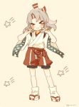  &gt;_&lt; 1girl :3 closed_eyes geta hachimaki headband high_ponytail ina_(1813576) japanese_clothes kantai_collection light_brown_hair long_hair long_sleeves ponytail shorts simple_background socks solo star twitter_username wide_sleeves zuihou_(kantai_collection) 