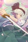  1girl from_above green_eyes hairband highres hitodama katana konpaku_youmu konpaku_youmu_(ghost) looking_at_viewer outstretched_arm petals puffy_sleeves revision shirt short_hair short_sleeves silver_hair skirt skirt_set smile solo sword touhou vest water weapon xiao_chichi 
