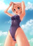  1girl blue_eyes blue_swimsuit breath clouds competition_swimsuit covered_navel cowboy_shot day from_below highleg highleg_swimsuit highres love_live! love_live!_sunshine!! one-piece_swimsuit open_mouth removing_swim_cap shimashima_salmon short_hair silver_hair sky solo swim_cap swimsuit watanabe_you wet wet_clothes wet_swimsuit 