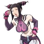  1girl black_hair bracelet breasts commentary_request elbow_gloves fang fingerless_gloves gloves halter_top halterneck han_juri hime_cut jewelry kirusu nail_polish navel red_eyes short_twintails sideboob solo spiked_bracelet spikes street_fighter street_fighter_iv_(series) twintails 