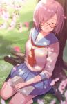  1girl against_tree bespectacled blurry blush book closed_eyes contemporary fate/grand_order fate_(series) flower from_above glasses grass hair_over_one_eye haru_(hiyori-kohal) miniskirt open_book outdoors parted_lips pleated_skirt purple_hair sailor_collar school_uniform serafuku shielder_(fate/grand_order) short_hair skirt sleeping sleeping_upright tree violet_eyes 