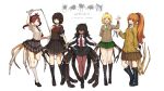  5girls :d ahoge arm_behind_back artist_name bangs black_hair blonde_hair blue_eyes blunt_bangs boots breasts brown_hair cardigan comic commentary_request dark_skin english fangs green_eyes hair_between_eyes hair_ornament hair_ribbon hair_scrunchie hairband hand_on_own_chest hand_up highres holding_whip insect_girl jacket kneehighs lansane long_hair long_sleeves looking_at_viewer medium_breasts multiple_girls neckerchief necktie open_mouth orange_hair original outstretched_arms personification pleated_skirt ponytail razor red_eyes redhead ribbon school_uniform scrunchie serafuku shoes short_hair short_sleeves skirt small_breasts smile spider spider_girl spider_legs spread_arms tongue tongue_out twintails uniform whip white_background 